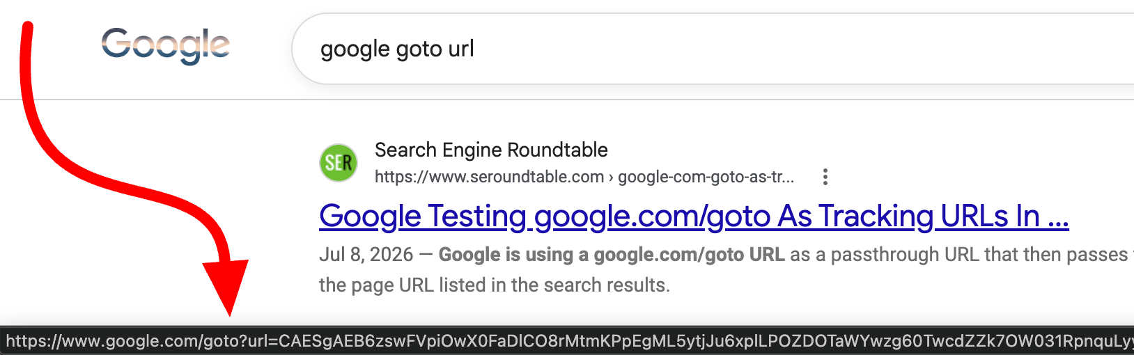 Wynik wyszukiwania Google, którego link prowadzi przez adres google.com/goto zamiast bezpośrednio do strony