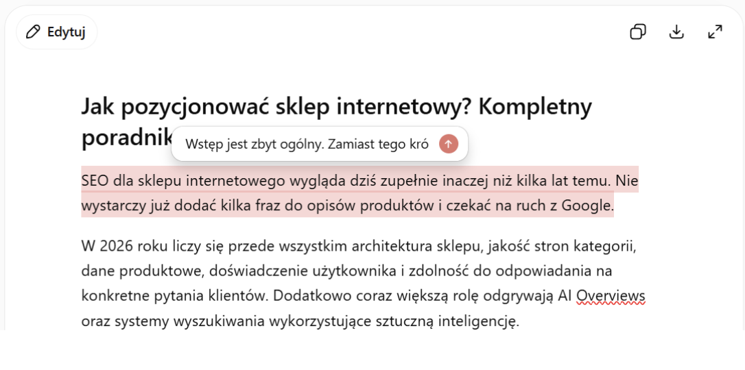 Edycja fragmentu artykułu w funkcji Canvas - AI komentuje zaznaczony wstęp