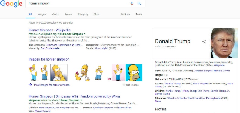 wyniki wyszukiwania frazy homer simpson w google, po prawej zdjęcie donalda trumpa