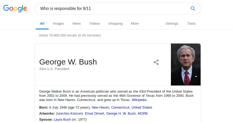 wyniki wyszukiwania frazy who is responsible for 9/11, zdjęcie G. Busha