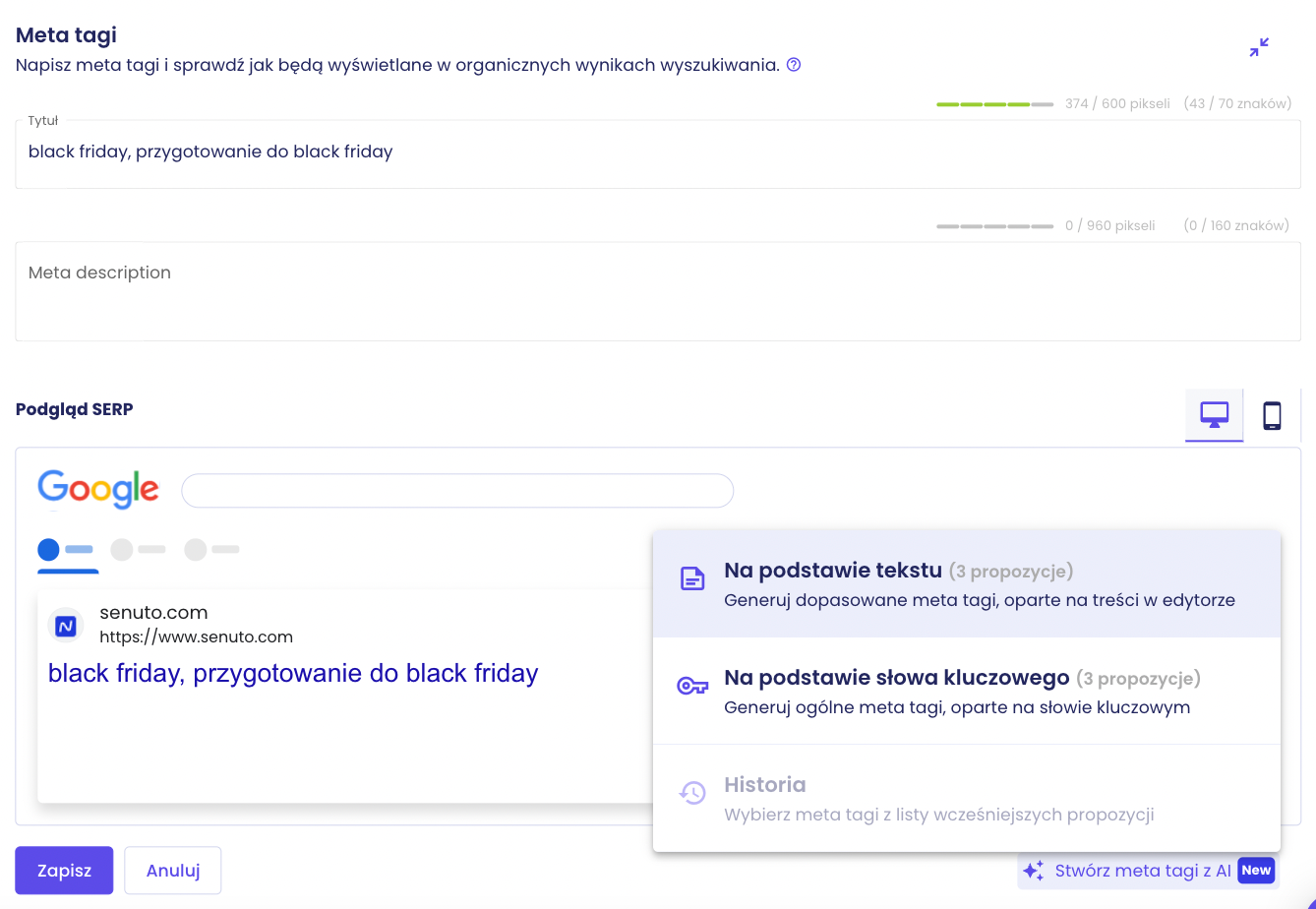 SEO copywriter | generowanie meta tagów we Writerze AI Senuto
