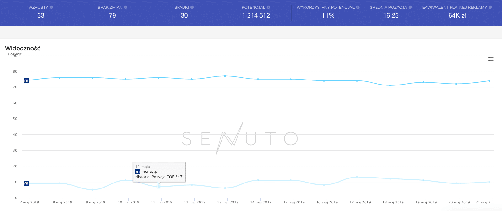 Sprawdzanie wyników w Google - raport Senuto - skrin