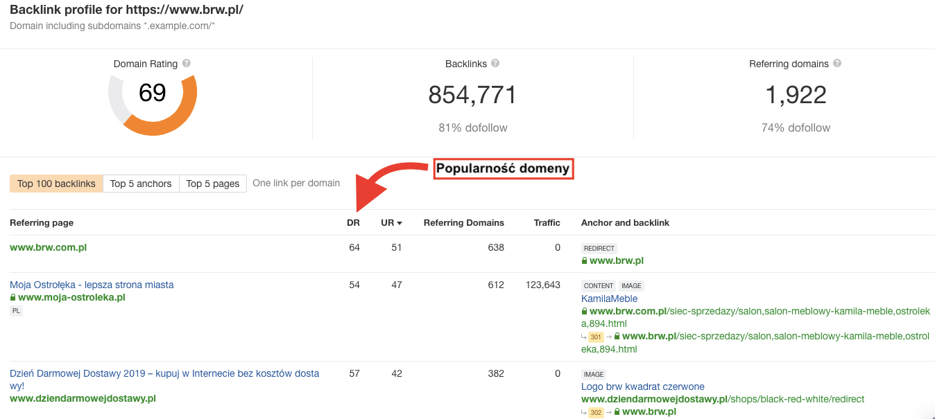 Skrin ilustrujący, jak wygląda sprawdzanie linków przy użyciu programu Backlink Checker od Ahrefs