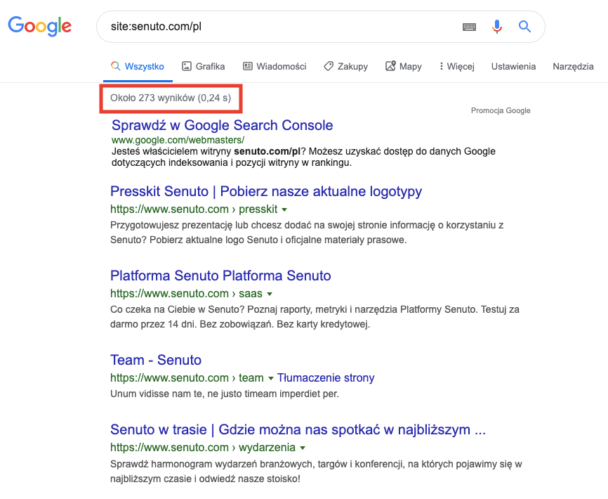 Wyniki wyszukiwarki Google, które zostały zindeksowane