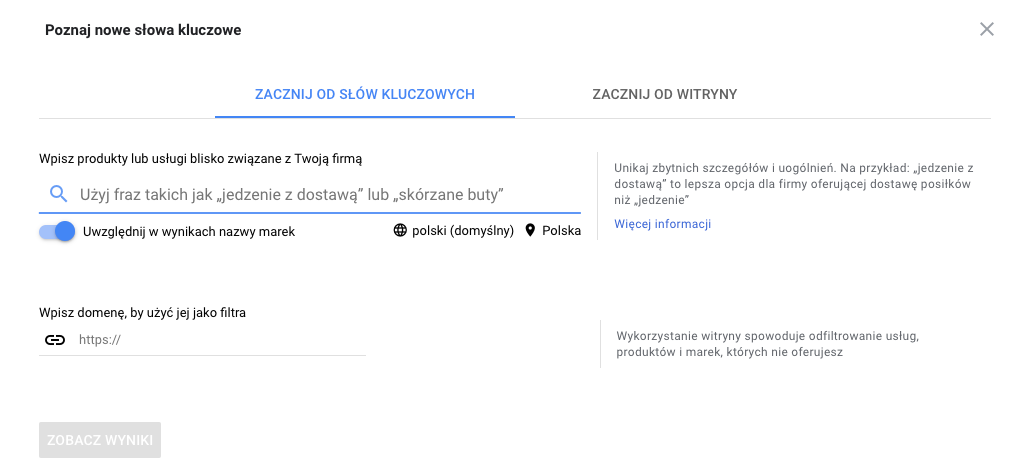 Keyword Planner od Google skrin narzędzia