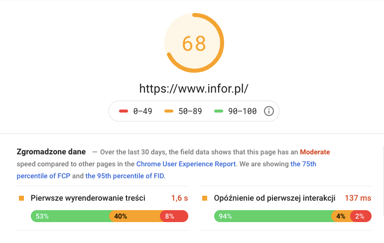 Skrin narzędzia Page Speed Insights, które analizuje wydajność witryny