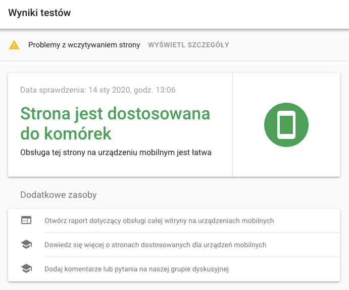 Skrin darmowego narzędzia od Googla do testowania optymalizacji mobilnej