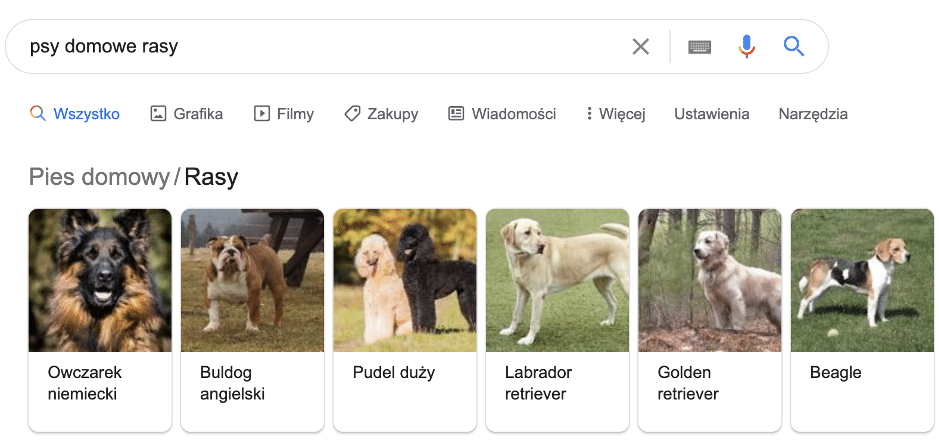Snippet pokazujący kilka przykładowych ras psów - wyniki wyszukiwania google