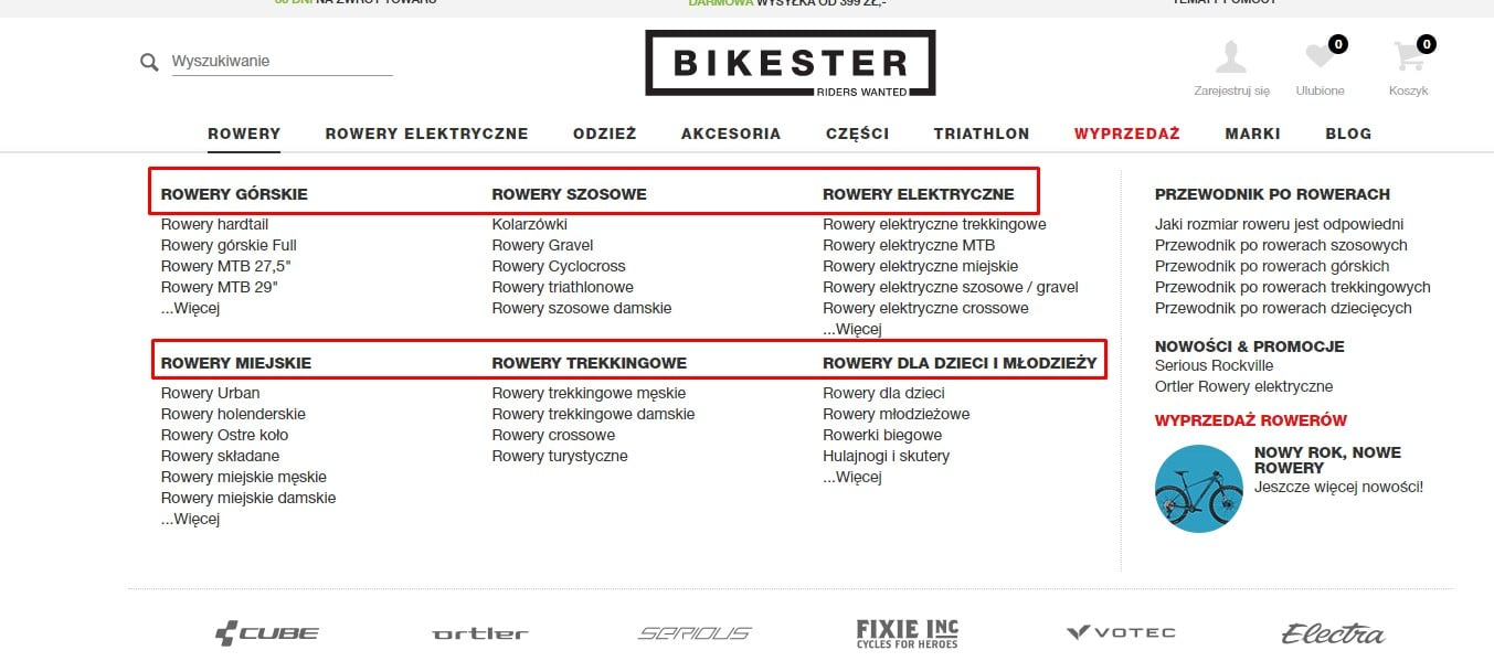 optymalizacja sklepu internetowego | Menu z kategoriami sklepu online Bikester.pl