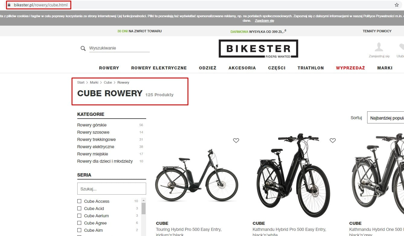 Podstrona z produktami marki Cube w sklepie Bikester.pl
