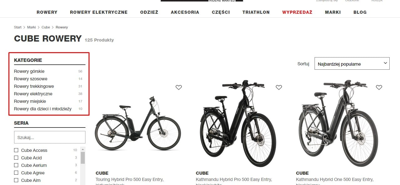 pozycjonowanie sklepu online | screen linków wewnętrznych do dalszych podkategorii rowerów marki Cube
