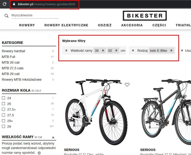 pozycjonowanie strony sklepu internetowego | screen kategorii sklepu bikester.pl z wybranymi filtrami