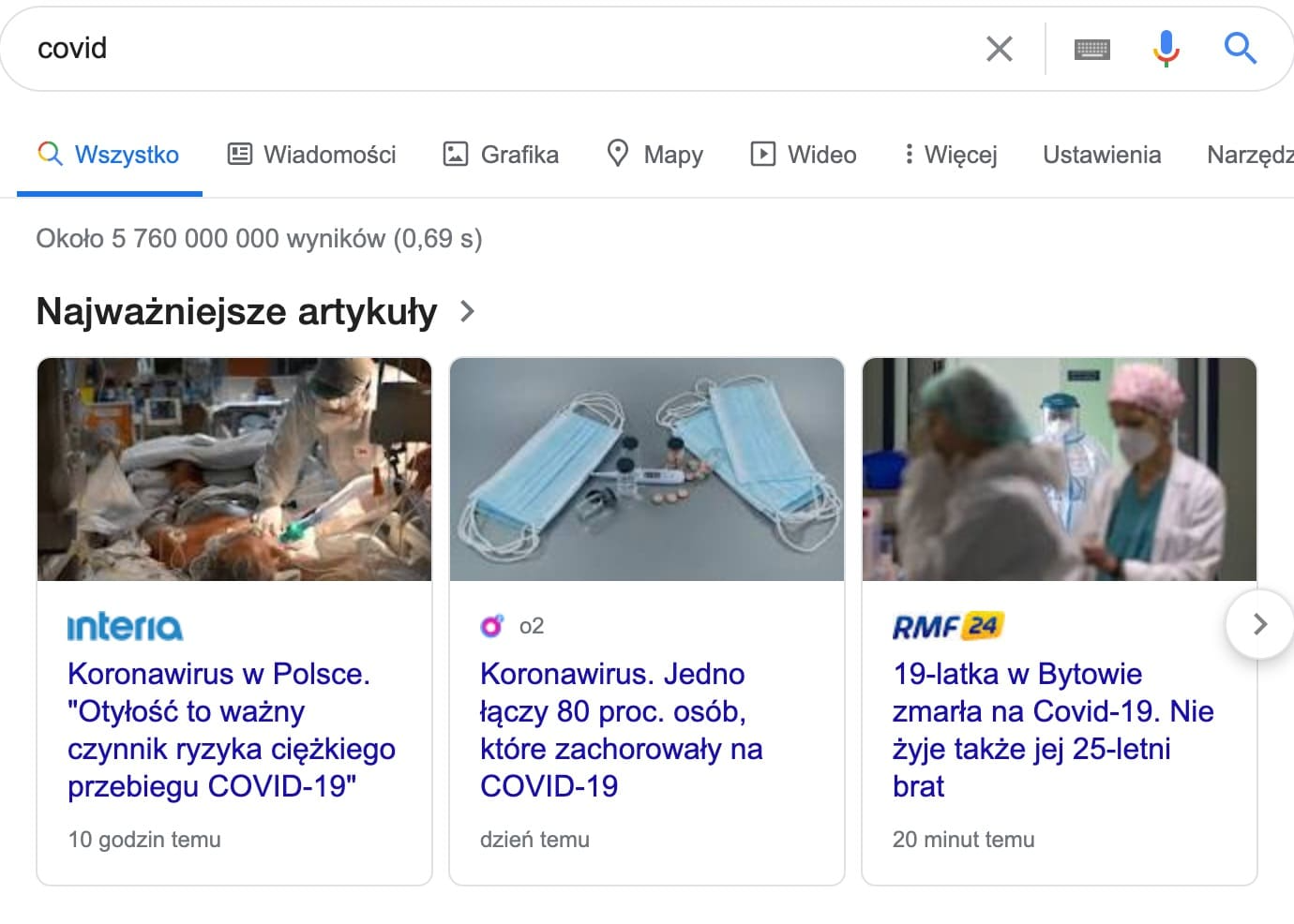 covid - wyniki wyszukiwania frazy - karuzela w Google