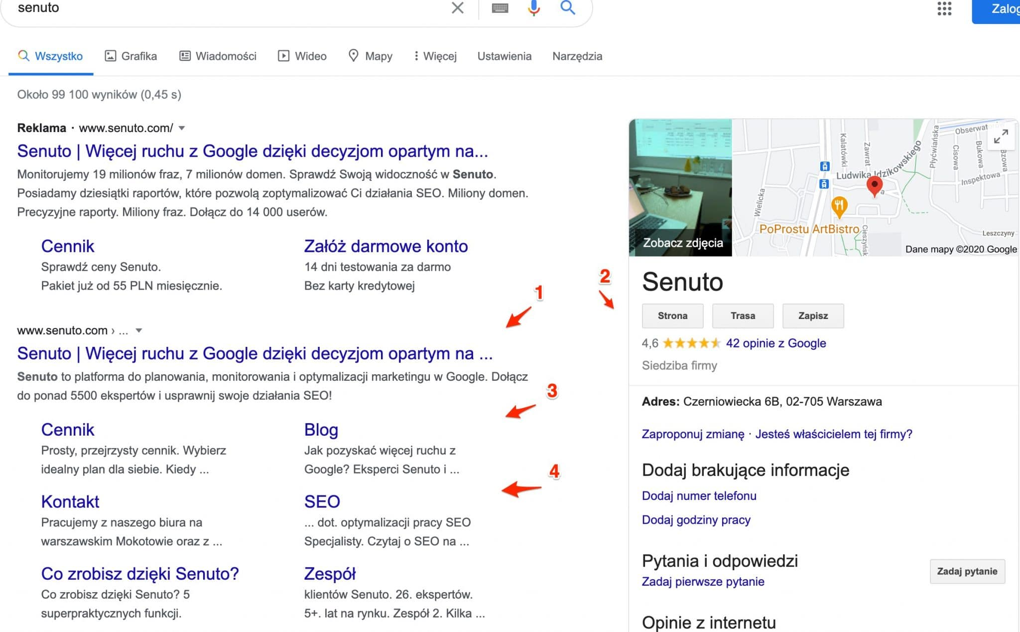 Senuto - wyniki wyszukiwania frazy w Google