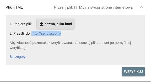 Przesłanie pliku weryfikacyjnego HTML na serwer