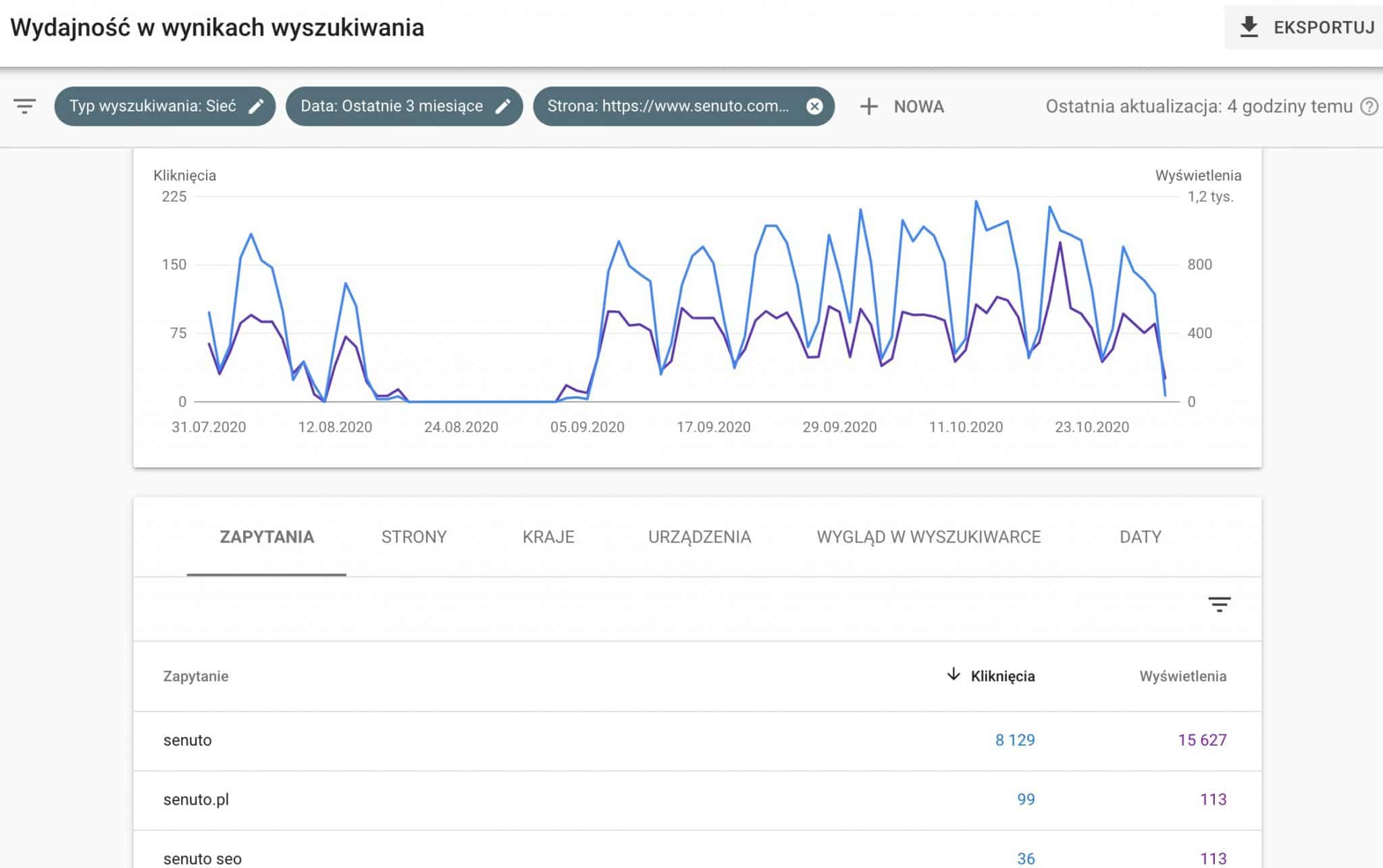 Raport zapytań zawężony tylko do jednego adresu URL