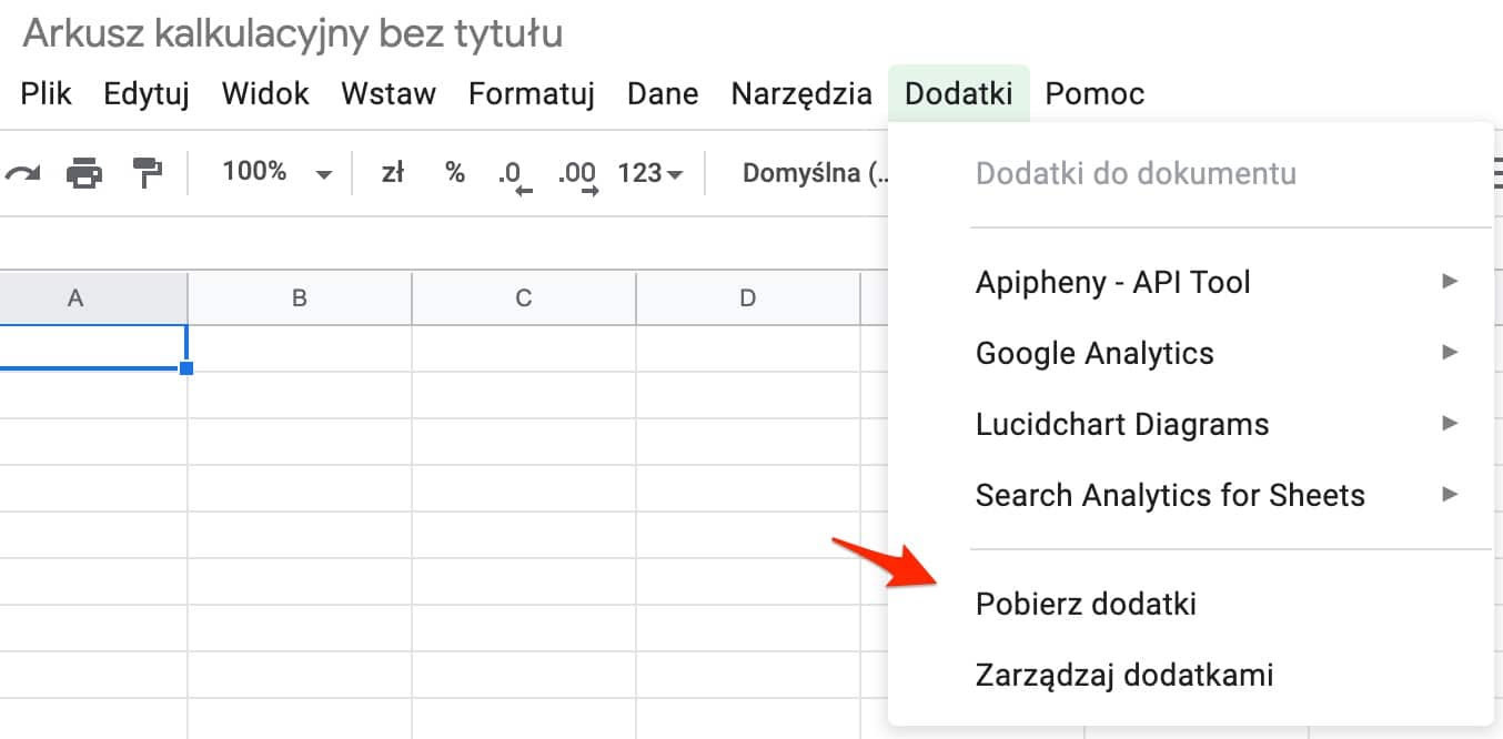 Pobieranie dodatków w Google Spreadsheets