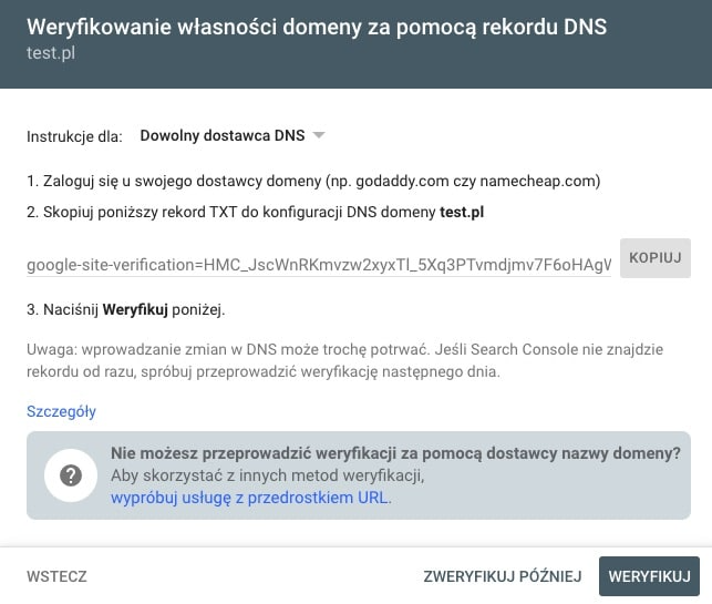 Weryfikacja własności za pomocą rekordu DNS