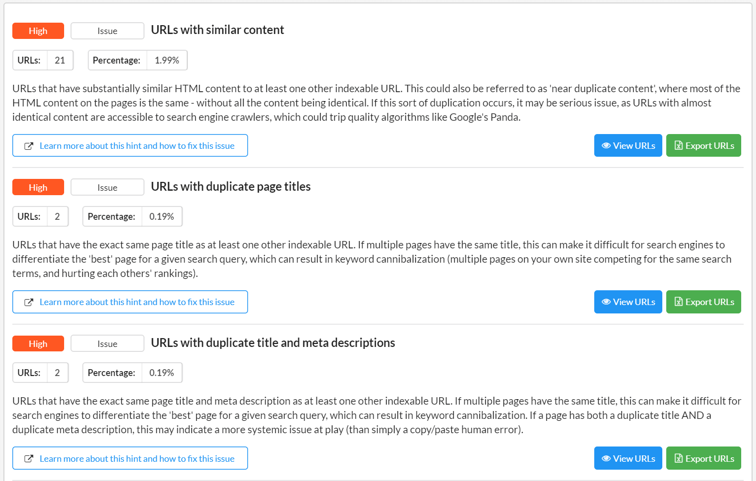 Sitebulb tool duplicate content report