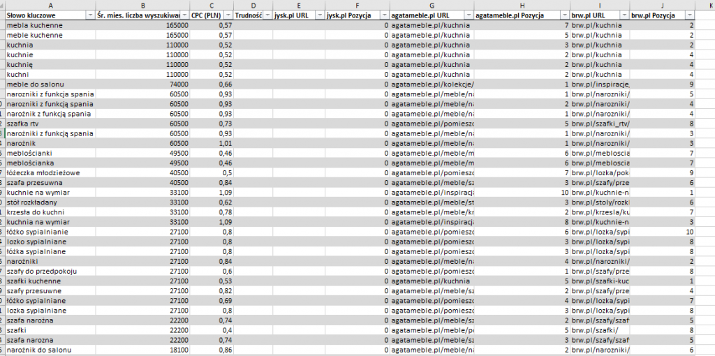 Excel table exported from Senuto Competitive Analysis