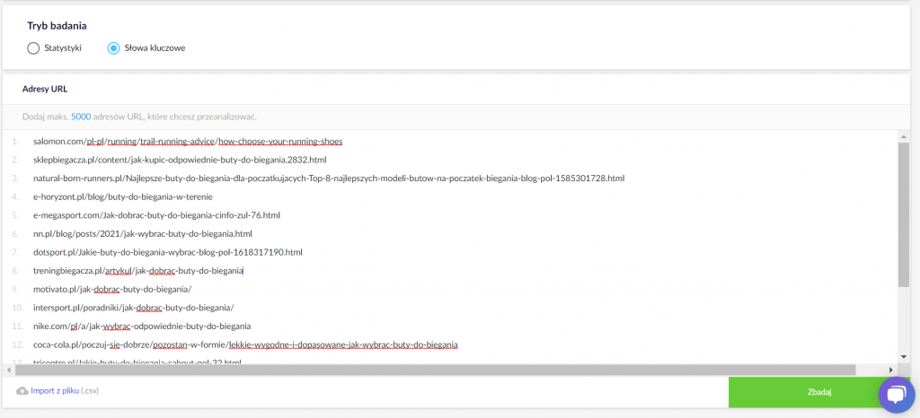 Using the URL Analysis tool to pick out keywords for TOP20 sites for a given key phrase