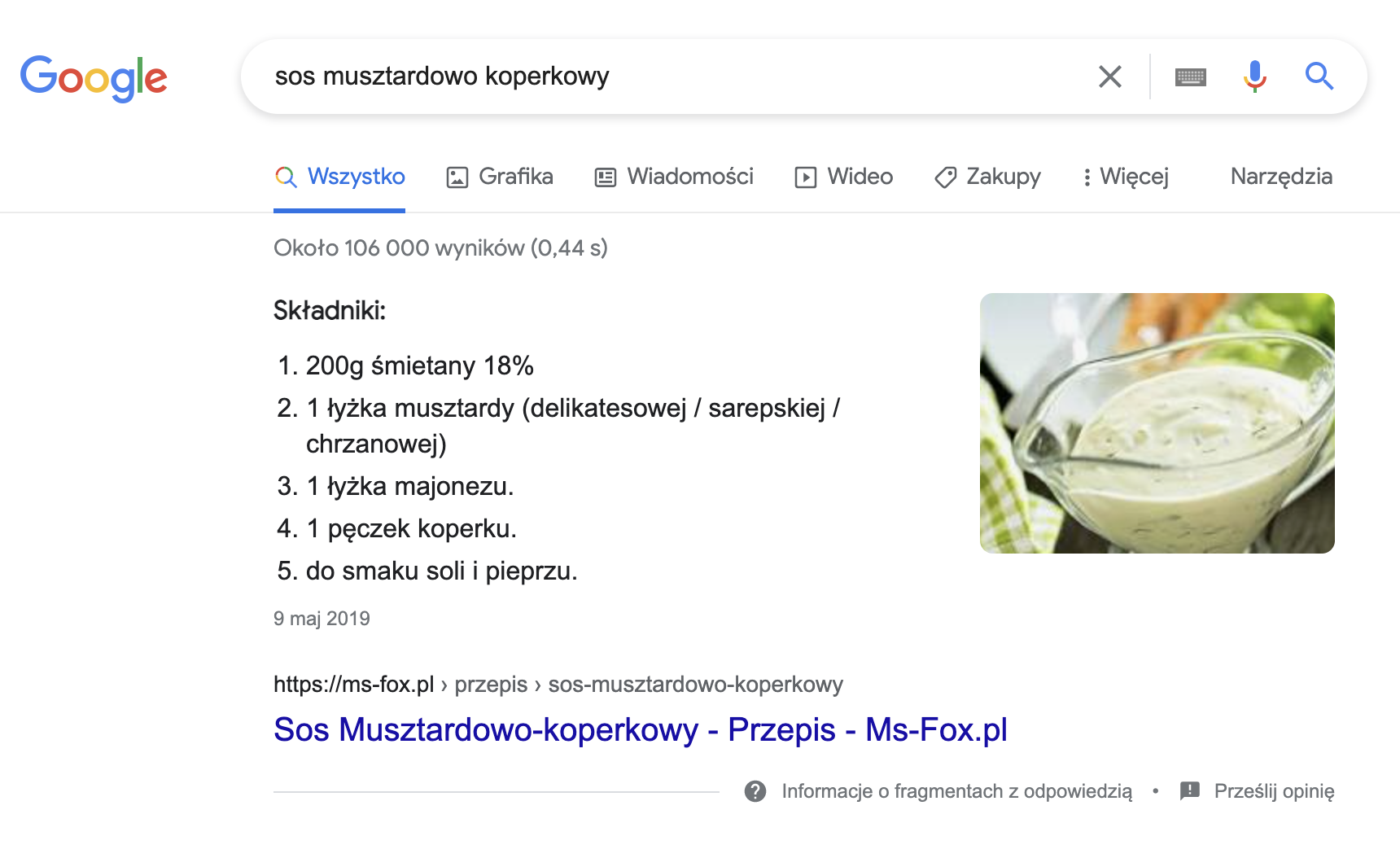 Przykładowy wynik Direct Answer uzyskany dzięki Recipes