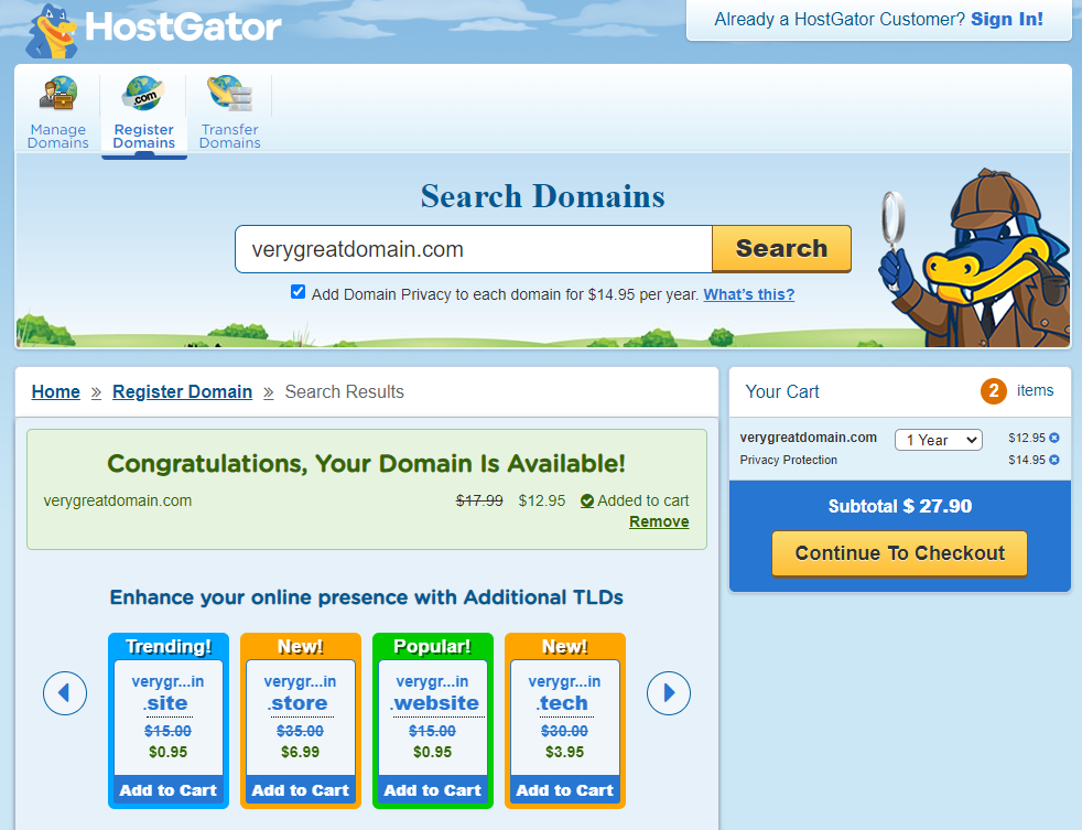 Widok kupna domeny i jej dostępności na hostgator.com