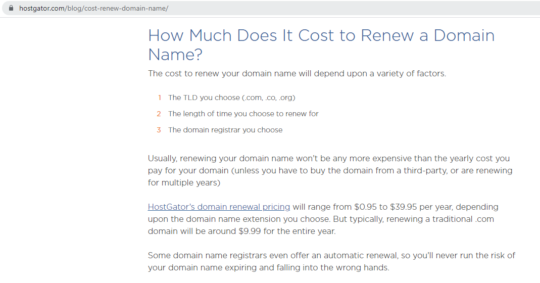 Renewal cost information for a purchased domain on hostgator.com