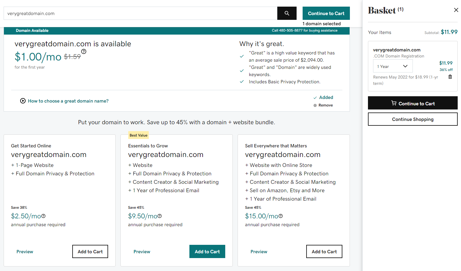 View of domain availability, purchase and renewal costs on godaddy.com