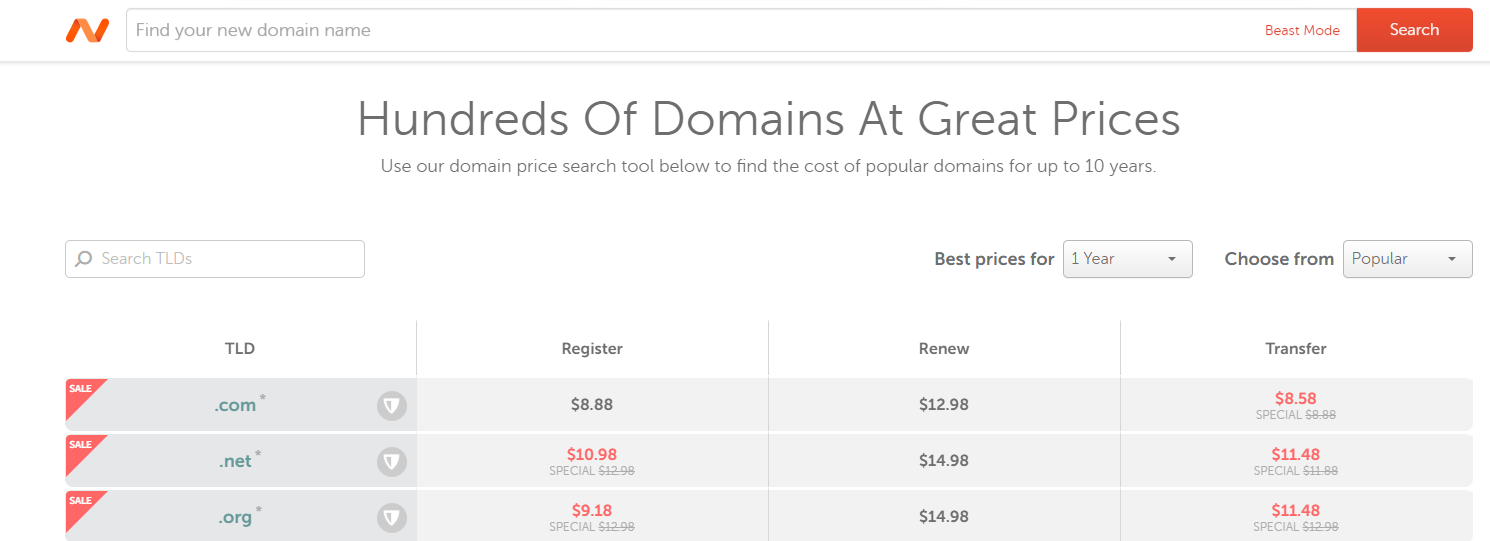 Przegląd przykładowych kosztów kupna domeny i odnowienia na namecheap.com