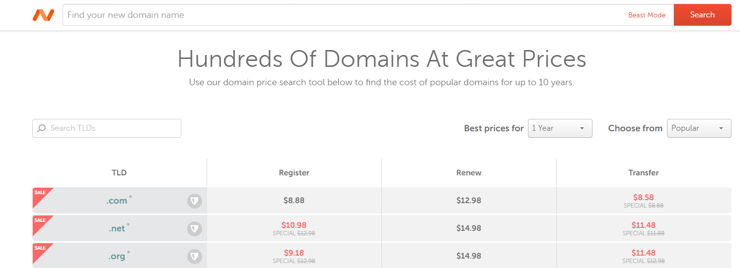 Review of sample domain purchase and renewal costs on namecheap.com