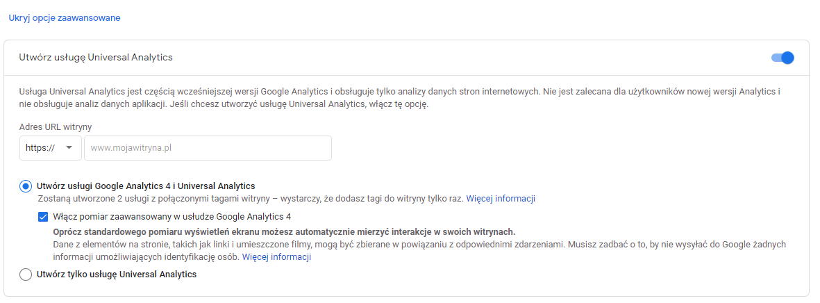 Google analytics. Wybór opcji narzędzia podczas konfiguracji na analytics.google.com
