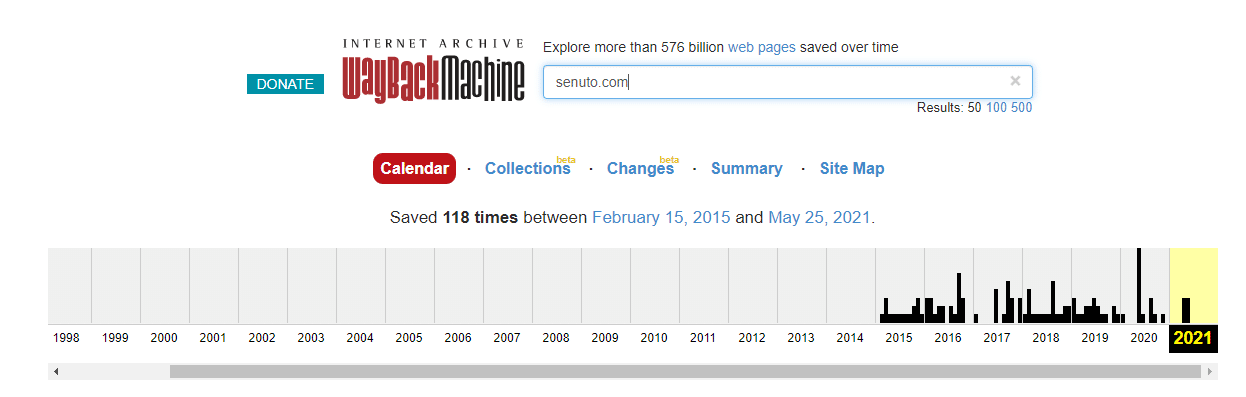 Przegląd zrzutów z Internet Archive Wayback Machine dla senuto.com
