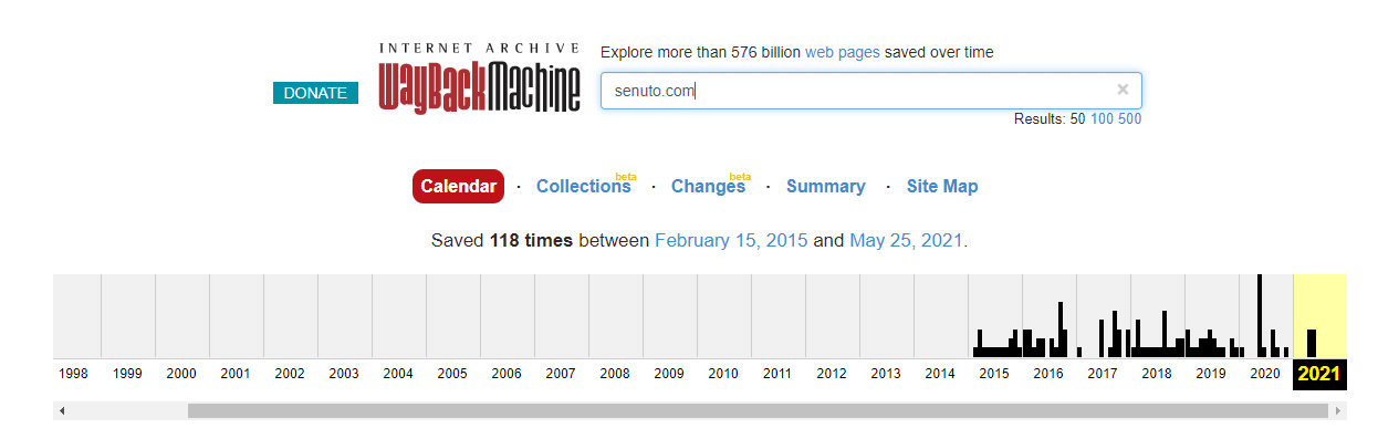 Overview of Internet Archive Wayback Machine snapshots for senuto.com