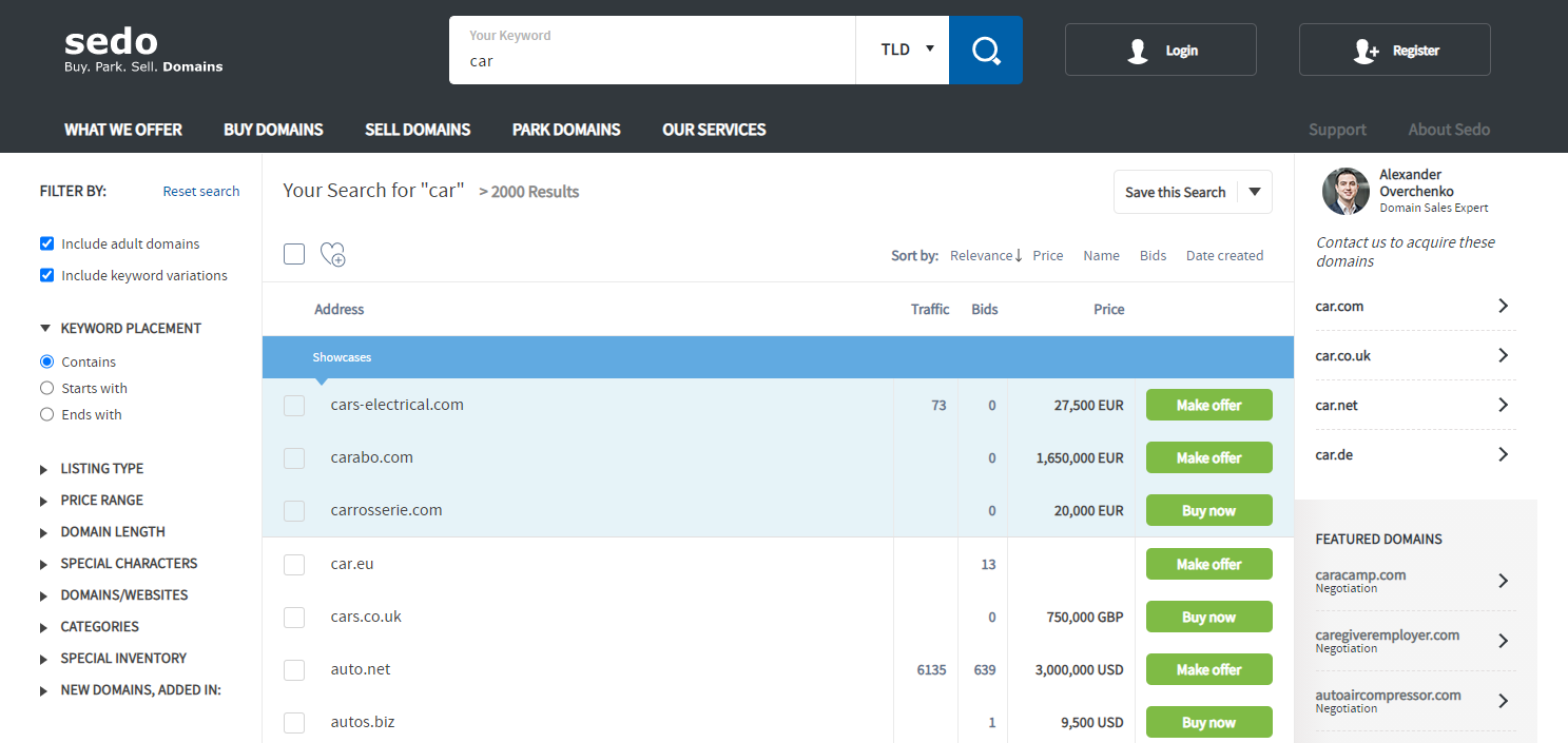 List of domains for sale on sedo.com - search by phrase: car.