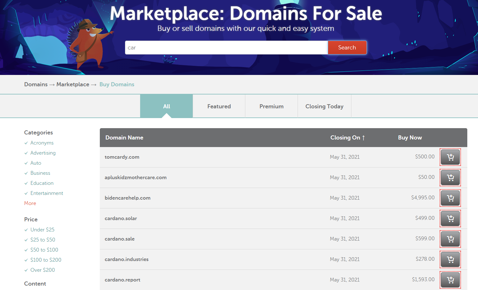 List of domains for sale on namecheap.com - search by phrase: car.