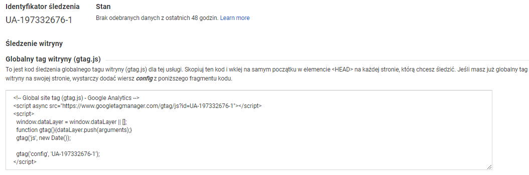 Kod śledzący Universal Analytics dostępny w panelu Administratora (Usługa > Informacje o śledzeniu > Kod śledzenia)