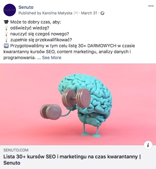 Post Senuto na Facebook o kursach SEO