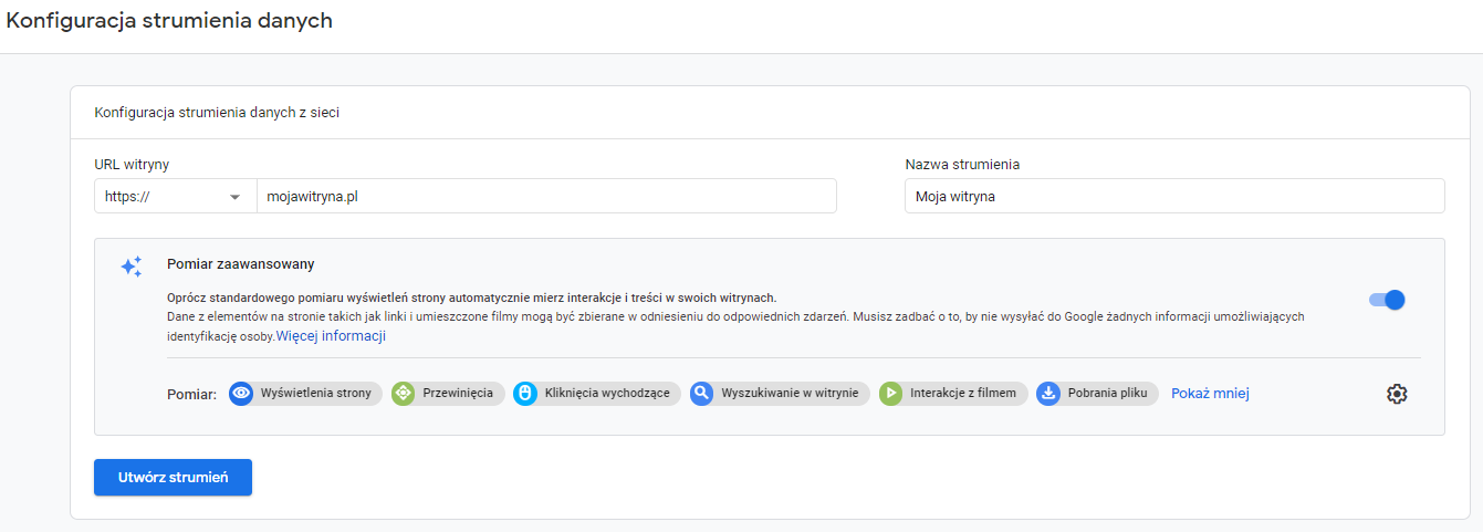 Stream configuration and tracking code preview when setting up a GA4 account