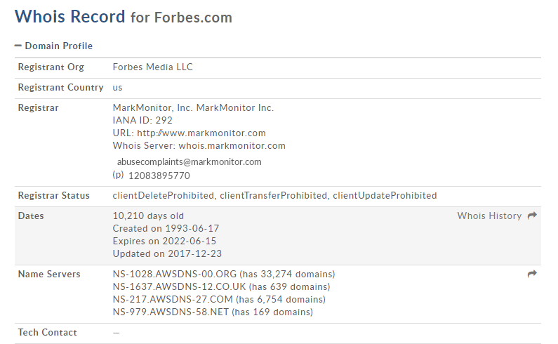 Informácie o veku domény forbes.com od whois.domaintools.com.