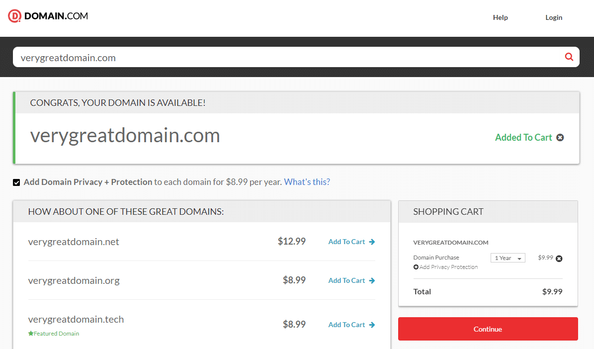 Widok przed zakupem domeny na domain.com