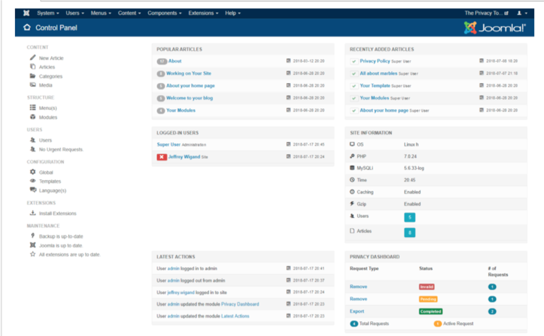 Widok panelu Joomla