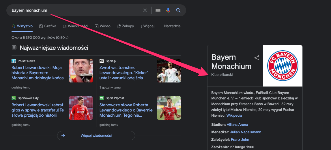 Zrzut ekranu wyników wyszukiwania hasła bayern monachium