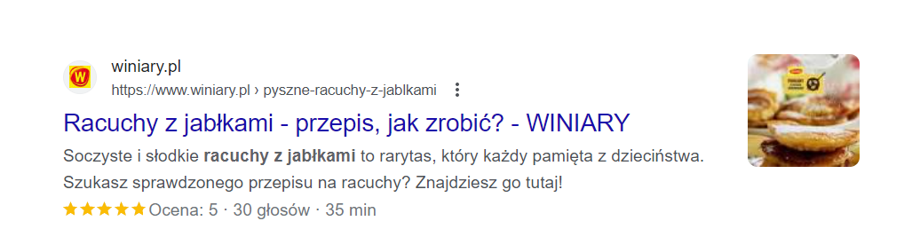 Rich snippet z informacjami o przepisie