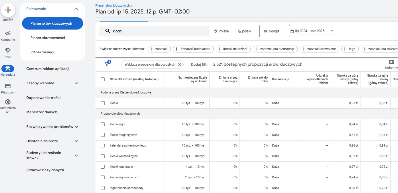 Planer słów kluczowych Google Ads