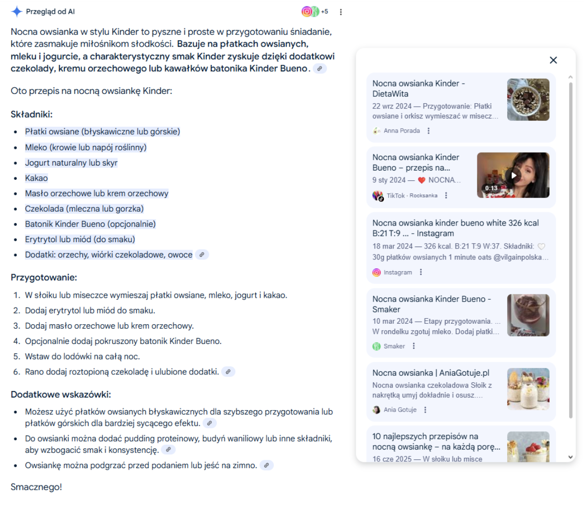 „Przegląd od AI” dla tego samego zapytania „nocna owsianka Kinder”. Widać tam podsumowany przepis (składniki i instrukcję) pochodzący z różnych źródeł, w tym Instagrama. To pokazuje, że Google agreguje treści z Instagrama (porady kulinarne, listy składników) w AI-driven summary.