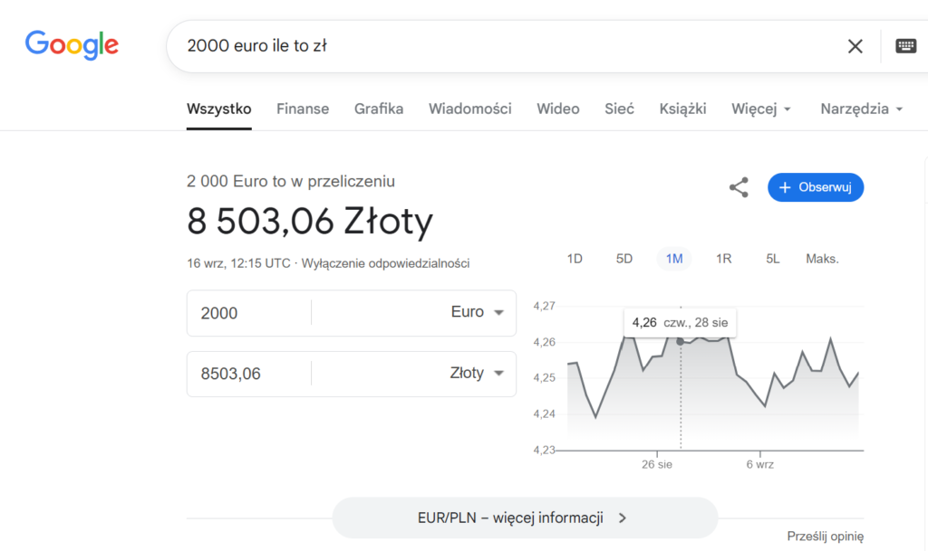 przeliczanie waluty w Google