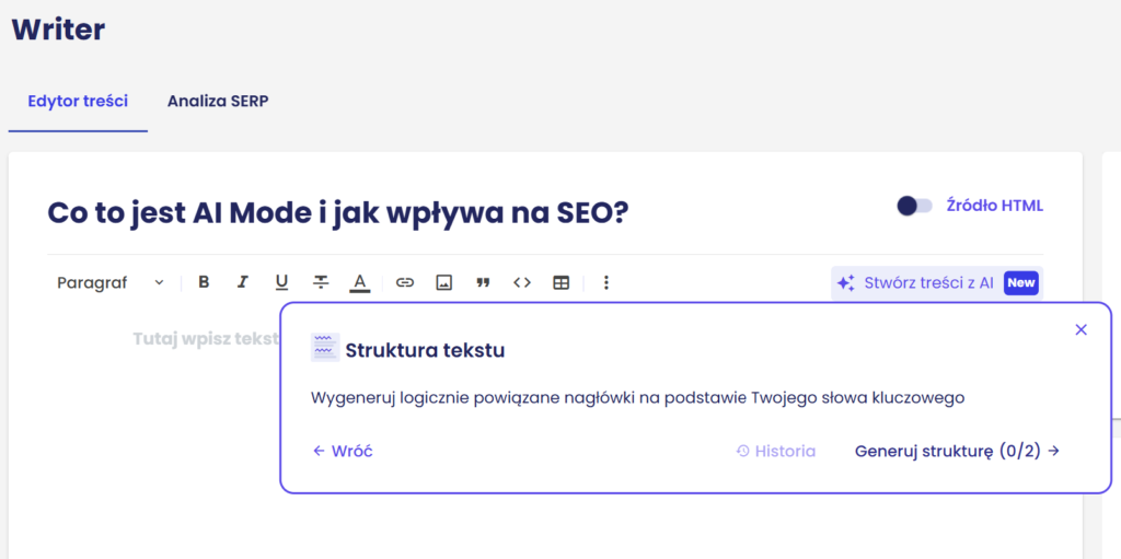 generowanie struktury w Content Writerze