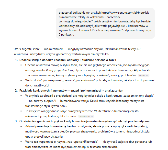 sugestie dodatkowych sekcji w artykule w wykonaniu ChataGPT